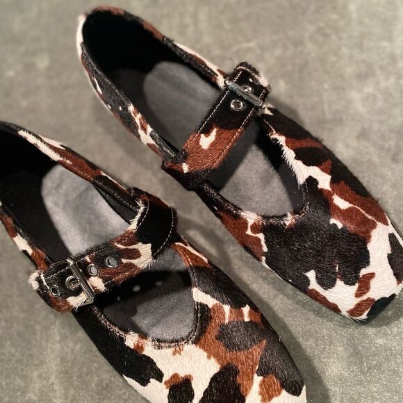 mary jane flats - faux brown and white cowhide – The Wax Apple BOUTIQUE Vegan Cowhide and Leather Mary Jane Flats